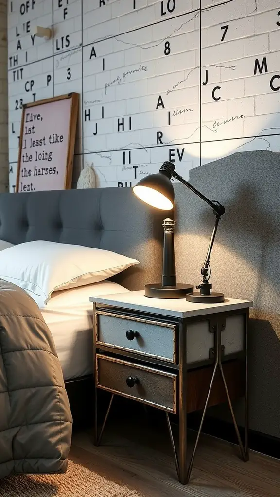 21 Stunning Bedside Table Ideas for Every Style 8 A modern industrial style bedside table with two drawers and a black desk lamp.