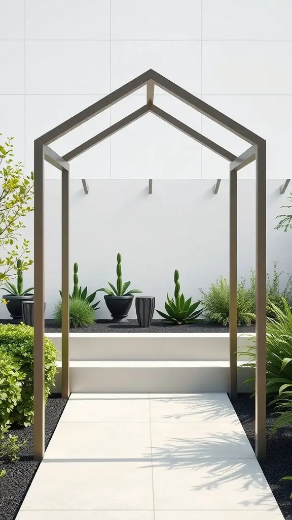 19 Creative Garden Arbor Ideas You’ll Love 9 A modern metal arbor with a geometric design, surrounded by greenery and potted plants.