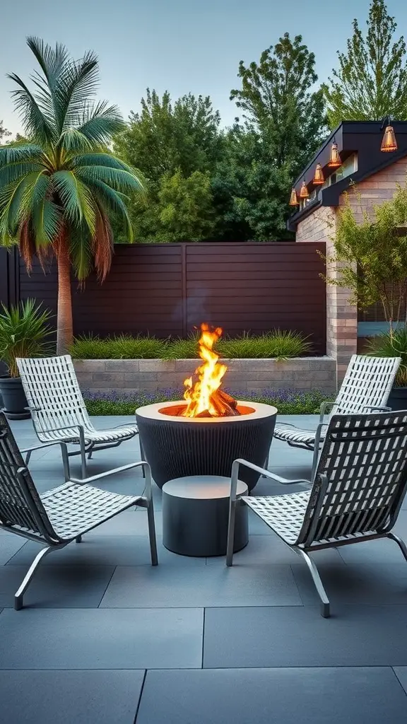 19 Stylish Outdoor Fire Pit Seating Ideas for Cozy Gatherings 4 A cozy outdoor setting with modern metal lounge chairs surrounding a circular fire pit, set against a backdrop of greenery.
