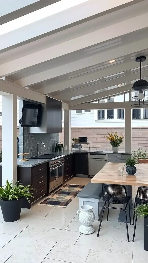 19 Stunning Covered Outdoor Kitchen Design Ideas You’ll Love 2 A modern outdoor kitchen with minimalist aesthetics featuring a sleek design, dark cabinetry, and potted plants.