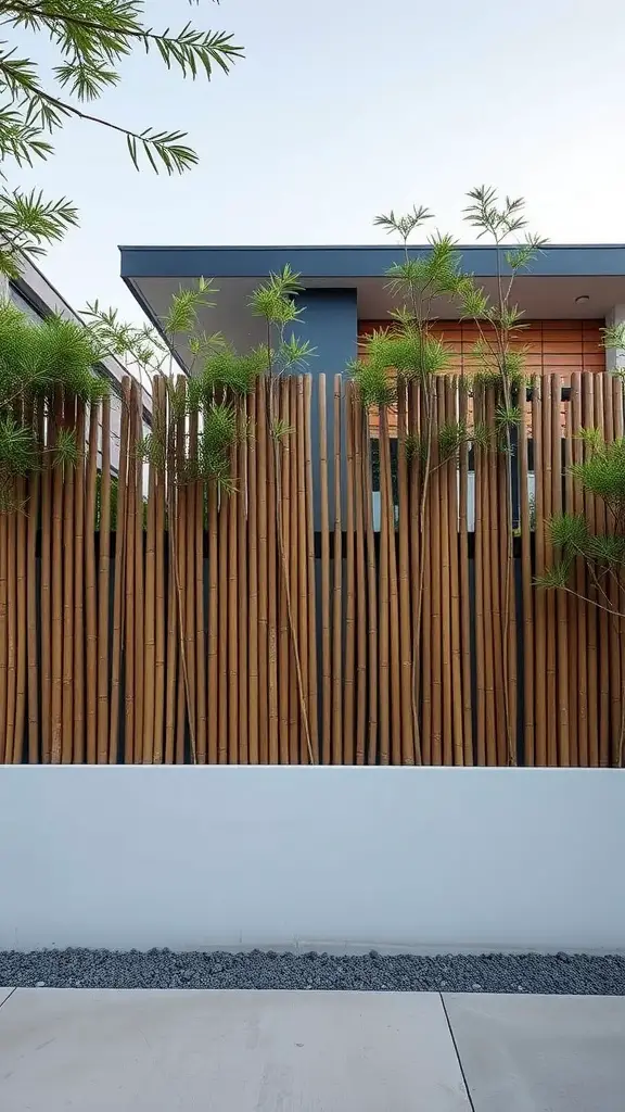 21 Creative Bamboo Fence Ideas for Your Outdoor Space 8 A modern minimalist bamboo fence with a white wall base and greenery.