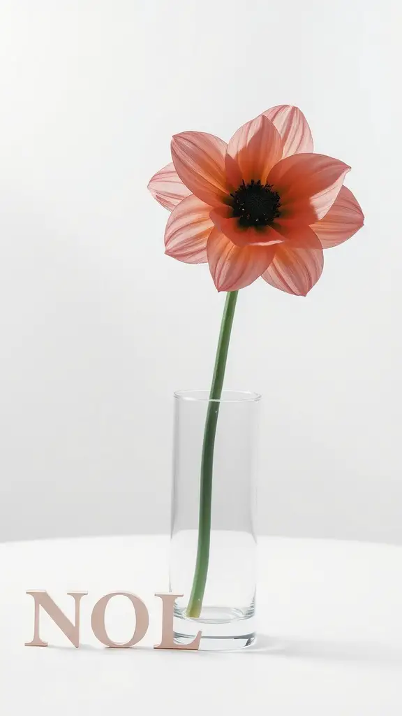27 Stunning Wedding Round Table Centerpieces You Need to See 13 A modern minimalist wedding centerpiece featuring a single coral flower in a clear glass vase with a slender stem and the letters 'NOL' in front.