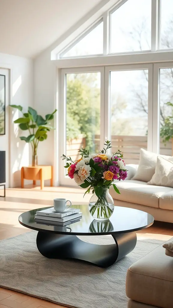 A modern minimalist coffee table with a glass top in a sunroom, featuring a vase of flowers and a coffee cup.