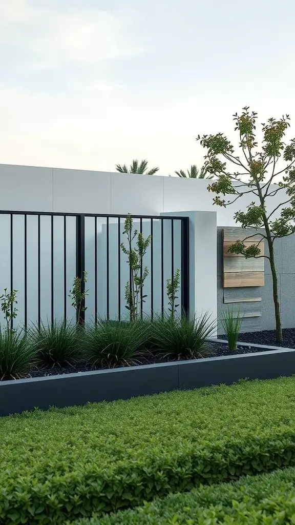 17 Creative Landscaping Ideas for Your Fence Area 12 Modern minimalist landscaping along a fence with greenery and sleek design elements.
