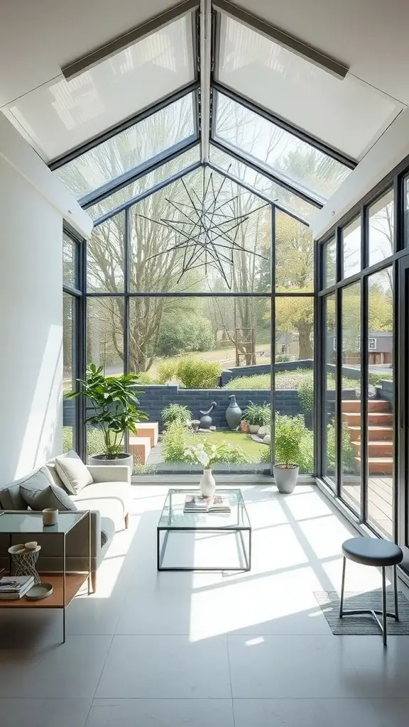 A modern sunroom with large glass windows, minimal furniture, and a view of a garden.