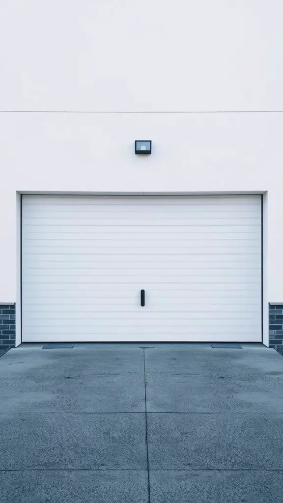 A modern, minimalist garage door with a white finish and simple handle.