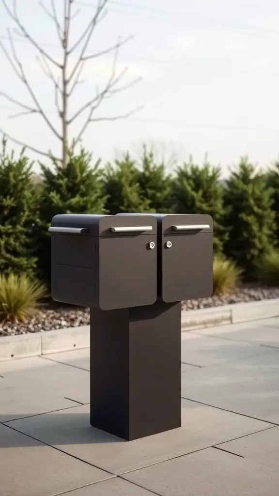 Modern minimalist double mailbox design with two mailboxes on a pedestal, surrounded by greenery.