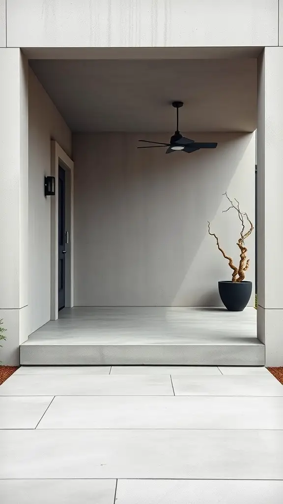 A modern minimalist porch featuring concrete flooring, a dark ceiling fan, and a single potted plant.
