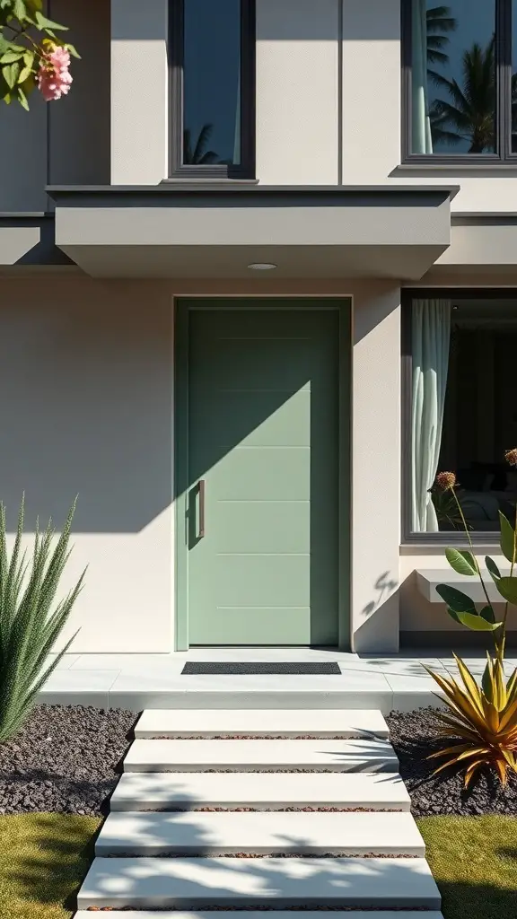 15 Stunning Sage Green Exterior Doors to Inspire Your Home Makeover 6 Modern minimalist home with a sage green door and sleek concrete pathway.