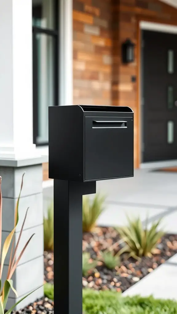 A modern minimalist black mailbox in front of a wooden home
