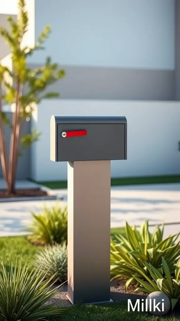 A modern minimalist mailbox post with a gray mailbox and red flag, surrounded by green plants.