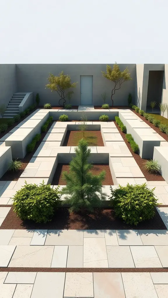 15 Stunning Labyrinth Garden Ideas for Your Outdoor Space 10 A modern minimalist maze garden featuring geometric pathways, stone pavers, and lush greenery.