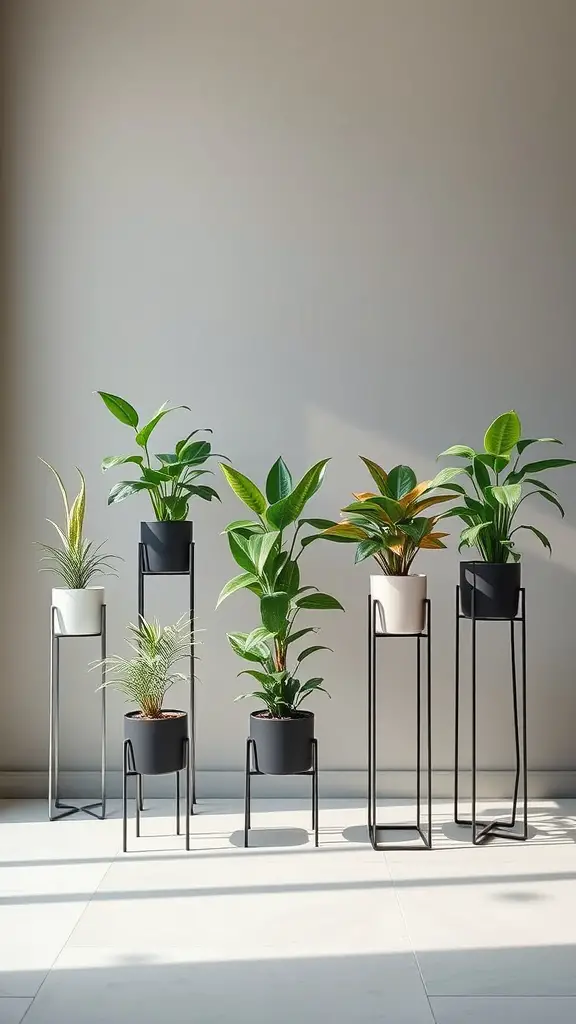 A collection of indoor plants displayed on modern minimalist metal stands