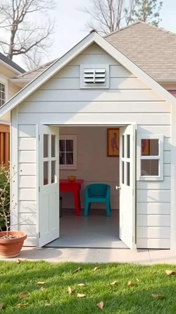 25 Adorable DIY Kids Playhouse Ideas for Endless Fun 7 A modern minimalist playhouse with double doors and colorful furniture inside, set in a backyard.