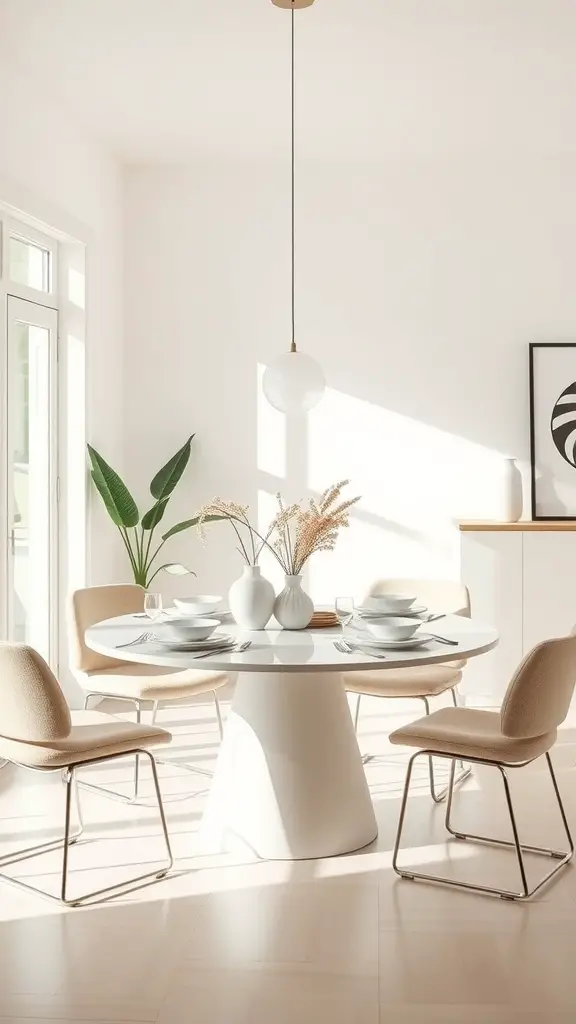 23 Creative Round Dining Table Ideas for Your Home 2 A modern minimalist round dining table set with beige chairs and decorative vases in a bright room