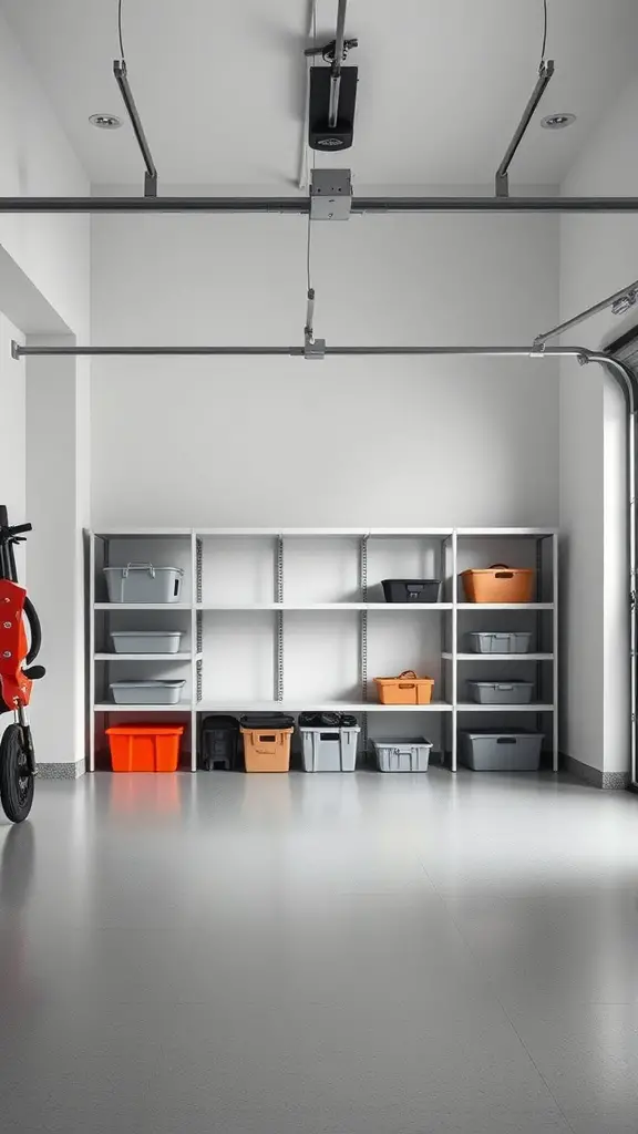 29 Creative Garage Interior Ideas You’ll Love 5 A modern, minimalist garage interior featuring organized shelving and colorful storage bins.
