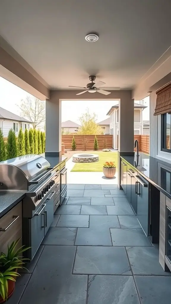 19 Stunning Large Backyard Layout Ideas to Transform Your Outdoor Space 13 A modern outdoor kitchen featuring a grill, counter space, and a view of a landscaped backyard.