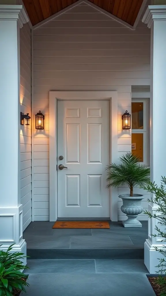 A porch with modern wall sconces illuminating the entryway, featuring a white door and a potted plant.