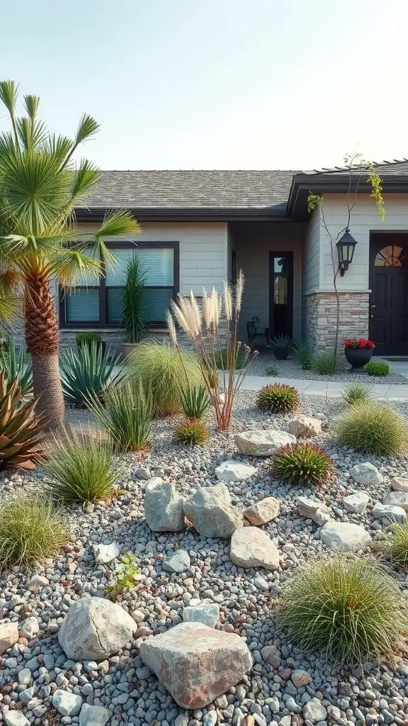 13 Stunning No Grass Front Yard Ideas for a Low-Maintenance Landscape 5 A modern xeriscaped front yard with various drought-resistant plants, rocks, and gravel.