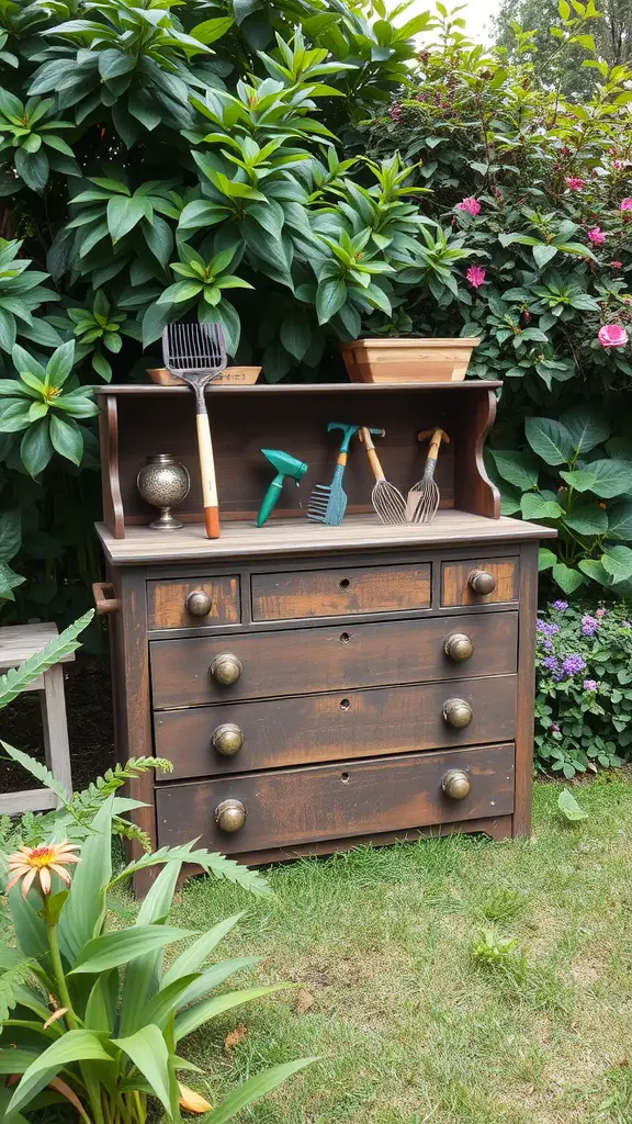 A modified old dresser used for garden tool storage, displaying tools and a planter amidst lush greenery.