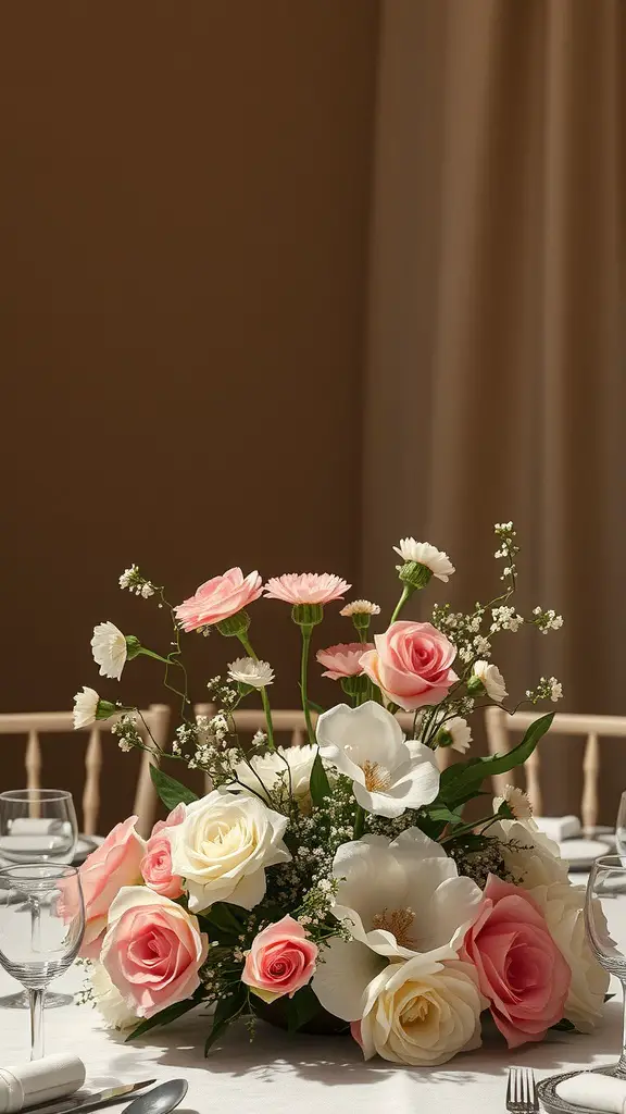 A beautiful centerpiece with pink and white roses, daisies, and greenery arranged elegantly on a table.