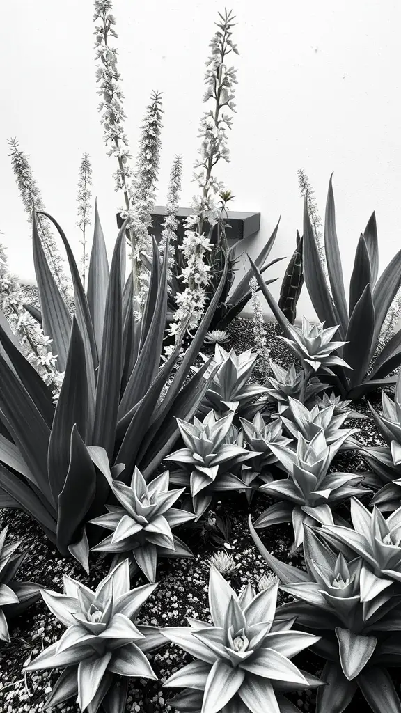 23 Inspiring Minimalist Garden Ideas for a Stylish Outdoor Space 1 Black and white image of various plants including succulents and tall flowering stalks against a light background.