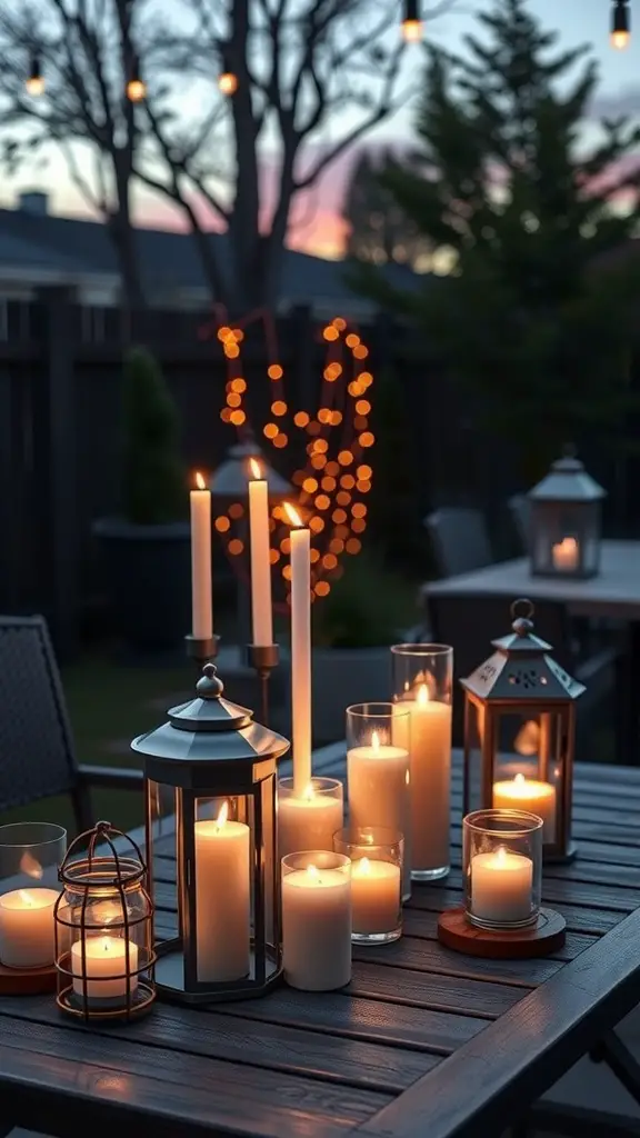 A variety of candles and lanterns on a patio table, creating a warm, inviting atmosphere.