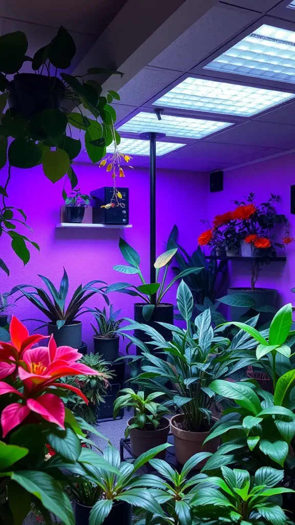 A colorful basement plant room illuminated with purple lights and filled with lush greenery.