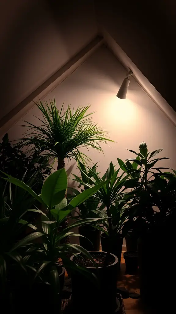 A cozy attic plant room with warm lighting highlighting various plants.
