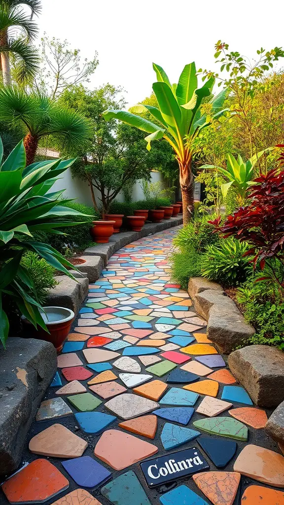 23 Creative Garden Rock Art Ideas to Brighten Your Outdoor Space 2 Colorful mosaic rock pathway surrounded by lush greenery