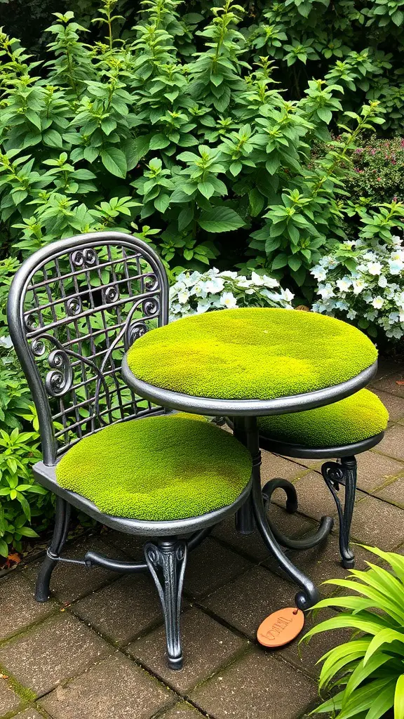 23 Creative Moss Decor Ideas to Beautify Your Home 17 A set of garden furniture with moss-covered seats, surrounded by greenery.