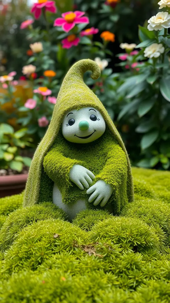 25 Unique Moss Garden Ideas for Your Outdoor Space 2 A moss-covered statue with a friendly expression, surrounded by colorful flowers in a garden.