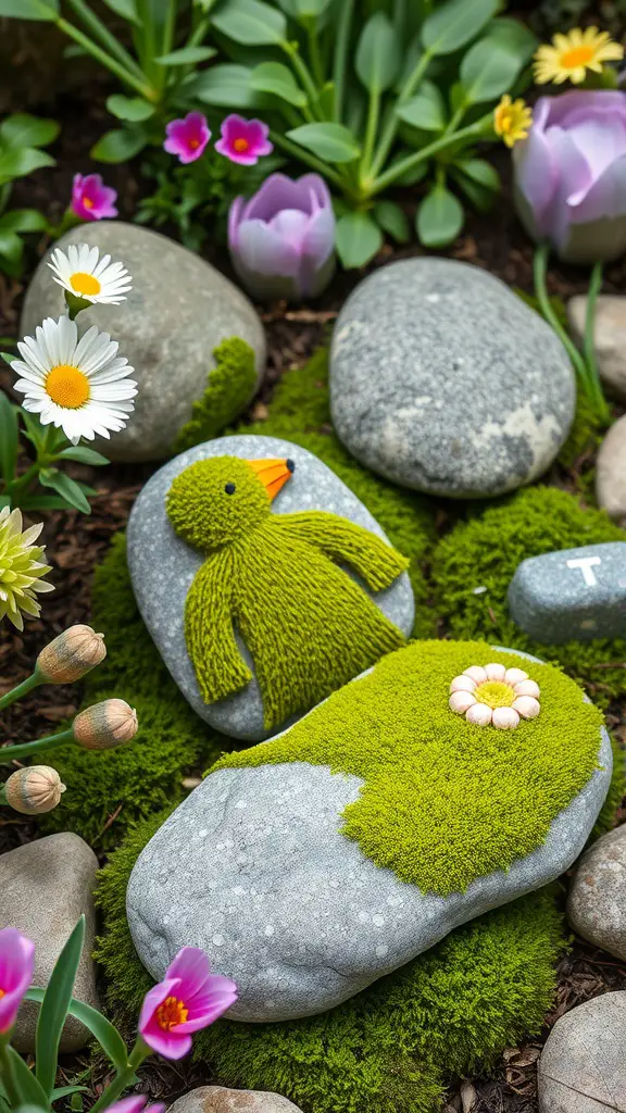 23 Creative Moss Decor Ideas to Beautify Your Home 4 Moss-covered garden stones decorated with a duck and flowers surrounded by blooming flowers.