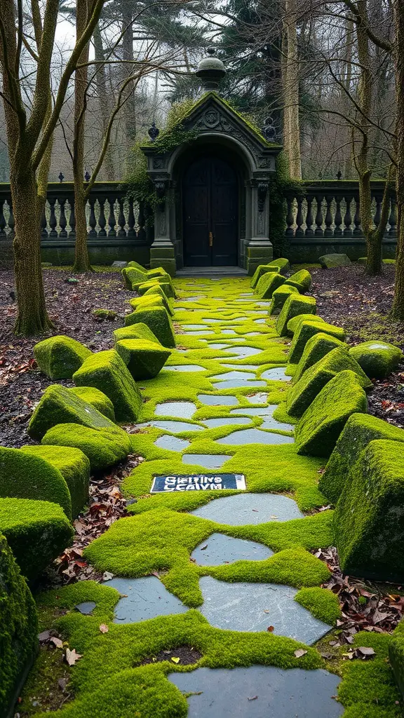 A moss-covered stone pathway leading to a dark wooden door in a gothic garden.