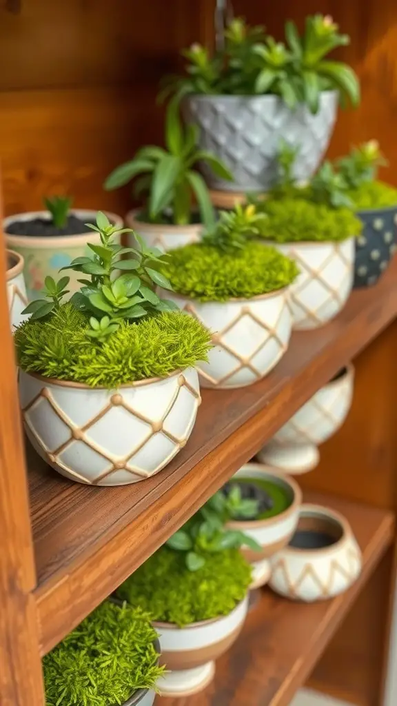 23 Creative Moss Decor Ideas to Beautify Your Home 7 A display of various planters filled with green moss and plants on a wooden shelf.