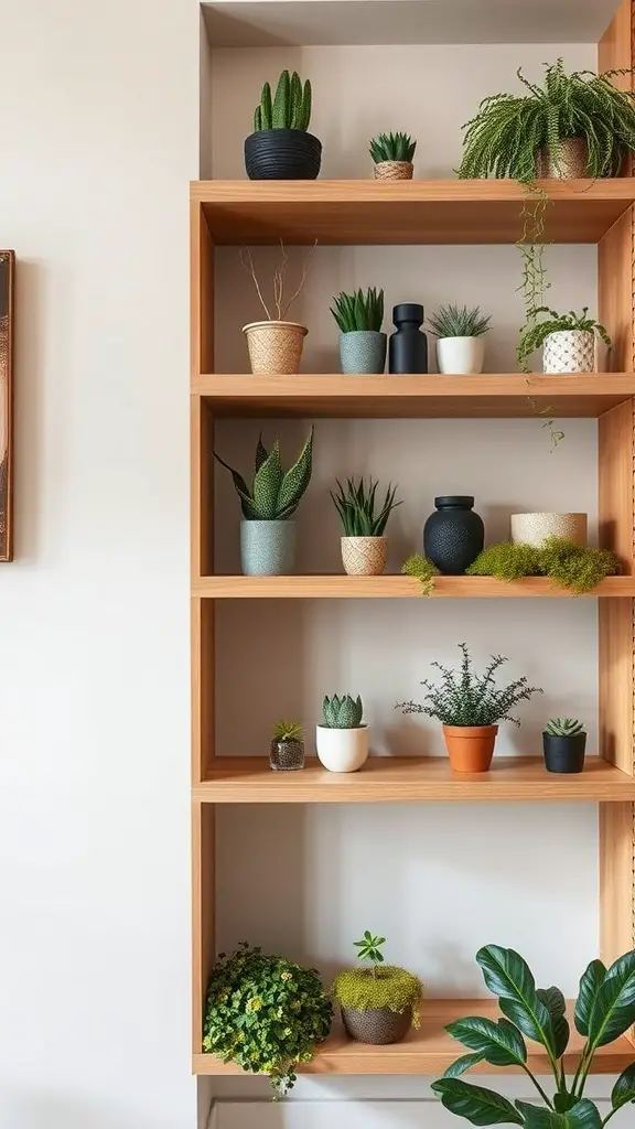 23 Creative Moss Decor Ideas to Beautify Your Home 13 Wooden shelves filled with various plants and moss accents, creating a vibrant and natural decor.