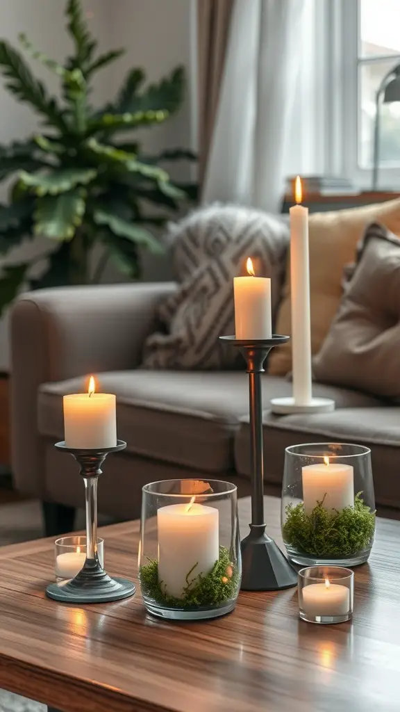 23 Creative Moss Decor Ideas to Beautify Your Home 5 Candle holders with candles and moss on a table