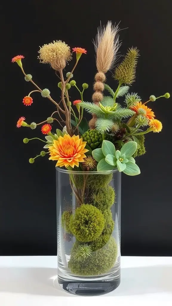 23 Creative Moss Decor Ideas to Beautify Your Home 11 A beautifully arranged floral display featuring vibrant flowers and lush moss in a clear glass vase.