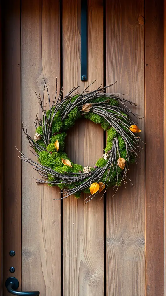 23 Creative Moss Decor Ideas to Beautify Your Home 2 A moss and branch wreath with yellow leaves hanging on a wooden door.