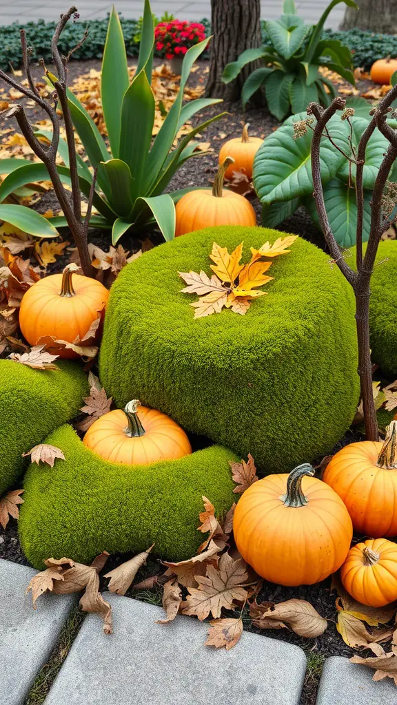 25 Unique Moss Garden Ideas for Your Outdoor Space 13 A garden scene with rounded green moss formations, orange pumpkins, and autumn leaves.