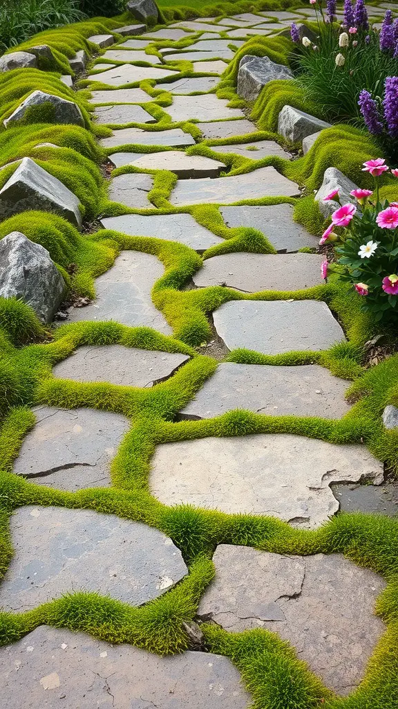 23 Creative Moss Decor Ideas to Beautify Your Home 14 A mossy stone pathway surrounded by flowers.