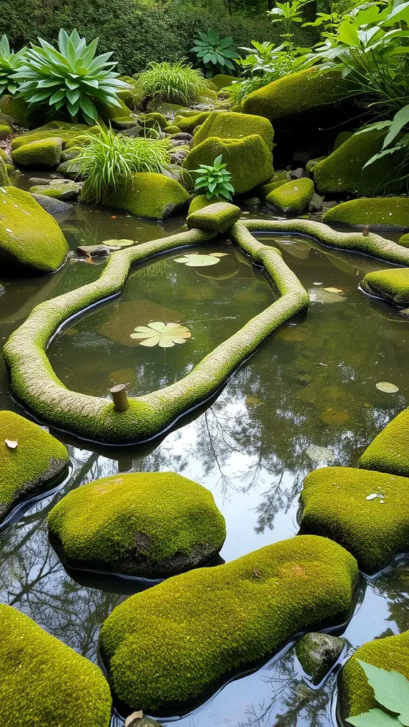 25 Unique Moss Garden Ideas for Your Outdoor Space 8 A serene pond surrounded by moss-covered rocks and lush greenery.