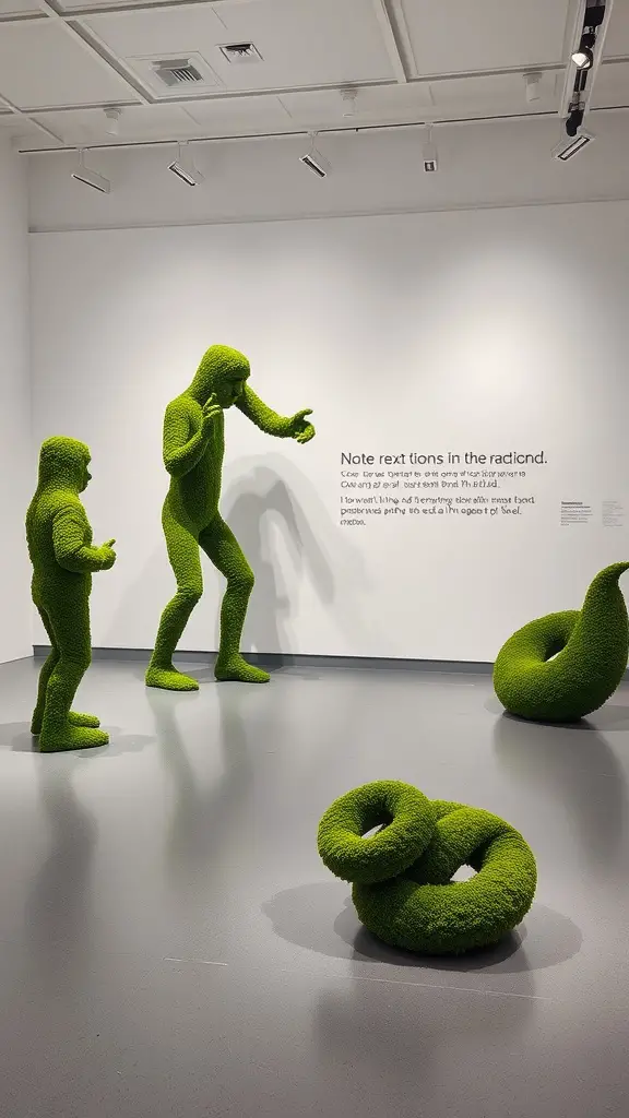 23 Creative Moss Decor Ideas to Beautify Your Home 15 Moss art sculptures of figures engaging with each other in a gallery setting.