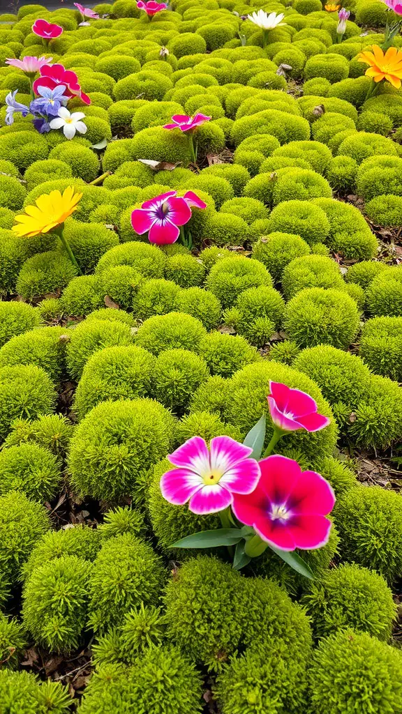 25 Unique Moss Garden Ideas for Your Outdoor Space 6 A vibrant patch of moss covered with colorful flowers.
