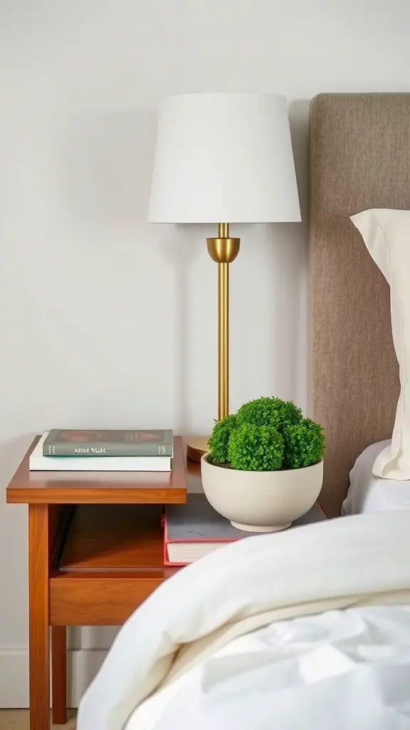 23 Creative Moss Decor Ideas to Beautify Your Home 12 A bedside table with a moss plant in a pot, a lamp, and books.