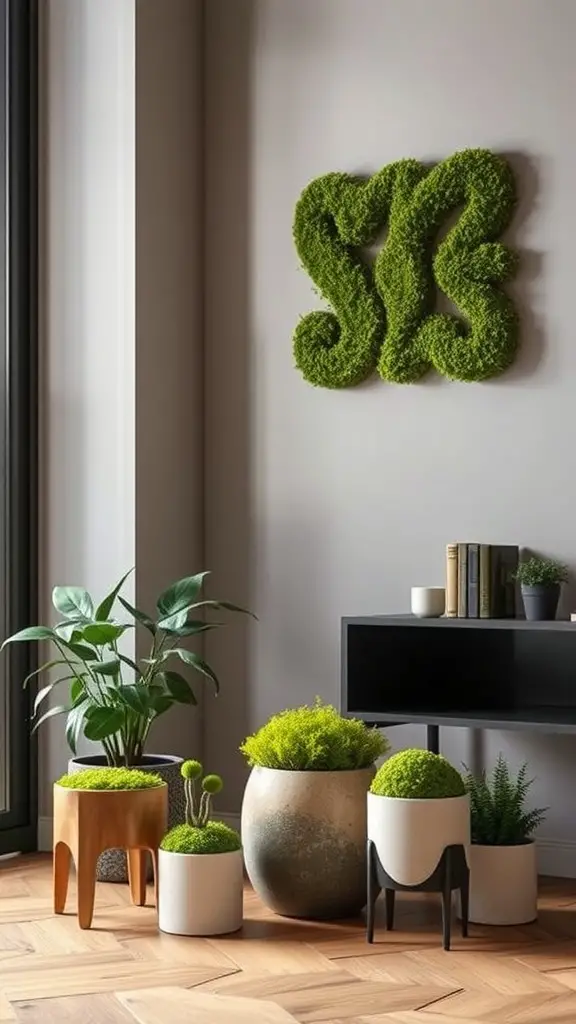 25 Unique Moss Garden Ideas for Your Outdoor Space 15 Indoor greenery featuring decorative moss art and various planters