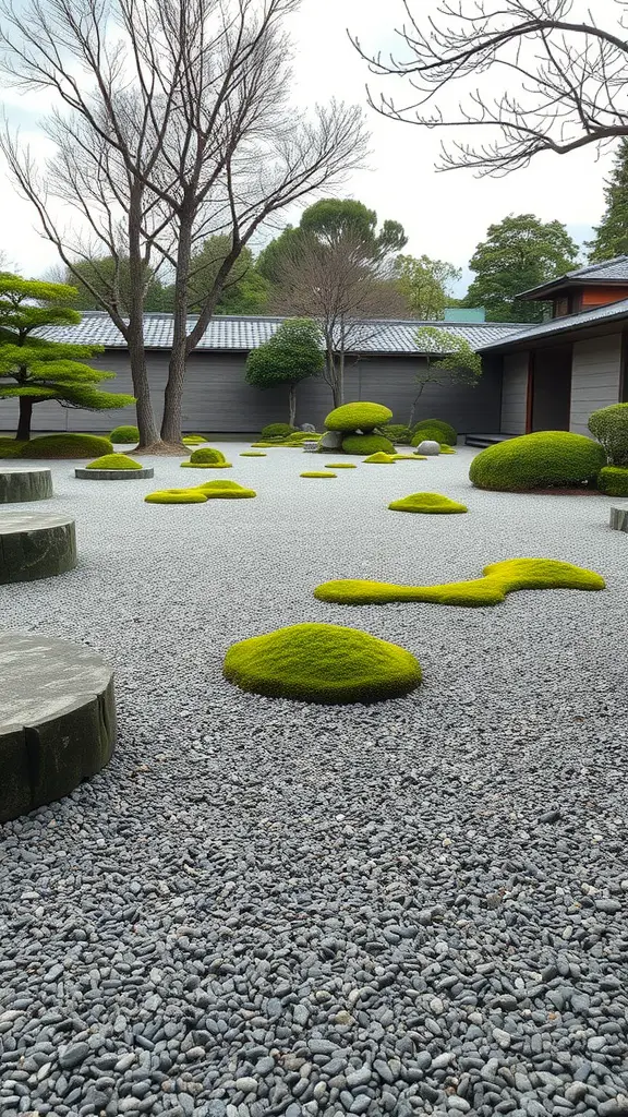 25 Unique Moss Garden Ideas for Your Outdoor Space 11 A Japanese Zen garden featuring vibrant green moss mounds on a gravel surface, surrounded by trees and modern architecture.