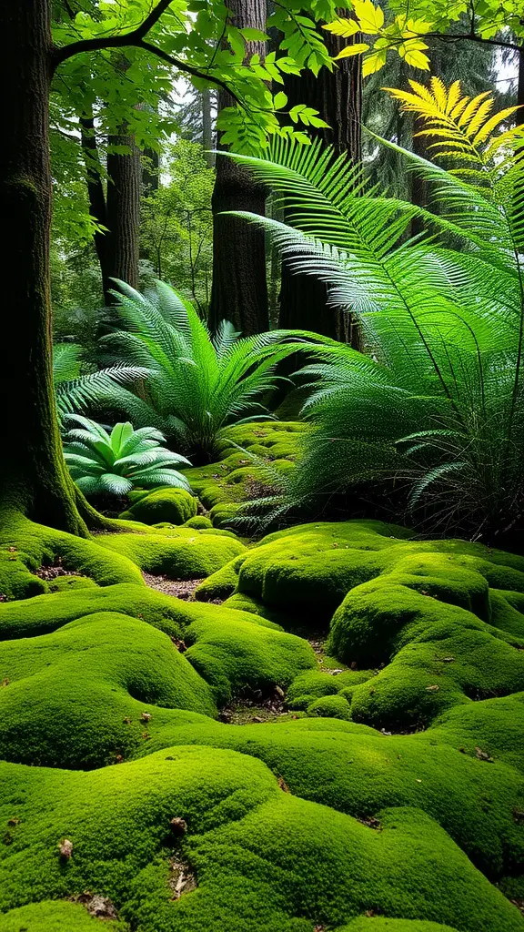 25 Unique Moss Garden Ideas for Your Outdoor Space 5 A beautiful shaded garden area covered in lush green moss with various ferns
