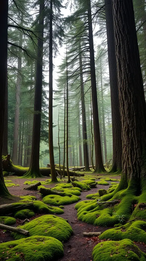 25 Unique Moss Garden Ideas for Your Outdoor Space 17 A dense moss carpet in a misty woodland setting, with tall trees and a soft path.
