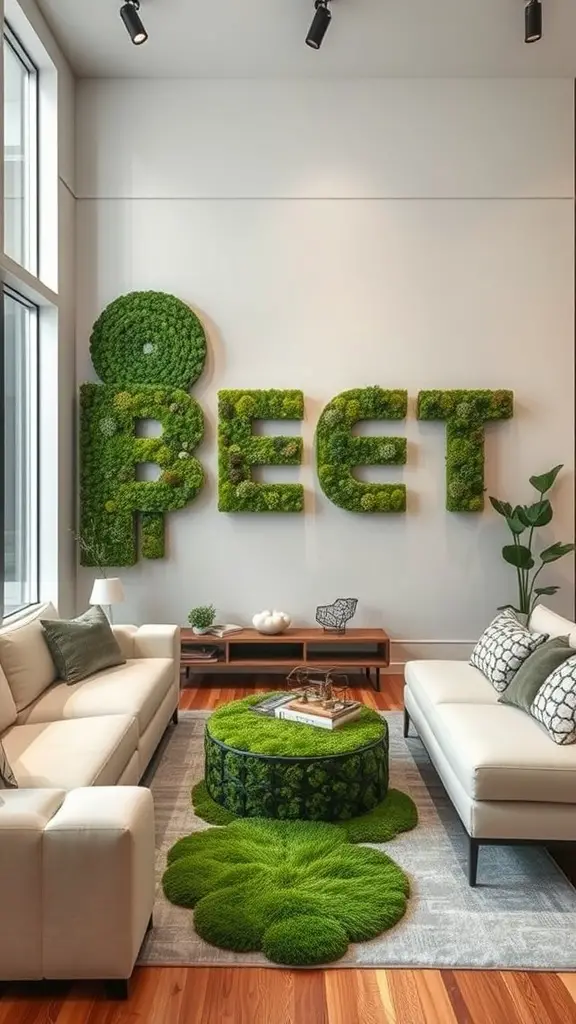 23 Creative Moss Decor Ideas to Beautify Your Home 16 A modern living room featuring moss decor, with moss wall art spelling 'BEET', a moss-covered coffee table, and a green rug.